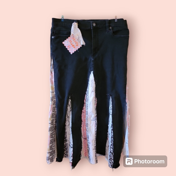 Hand Crafted Dresses & Skirts - HAND CRAFTED Maxi Skirt UPCYCLED Black Denim Floral Pink Black Prints Size 12